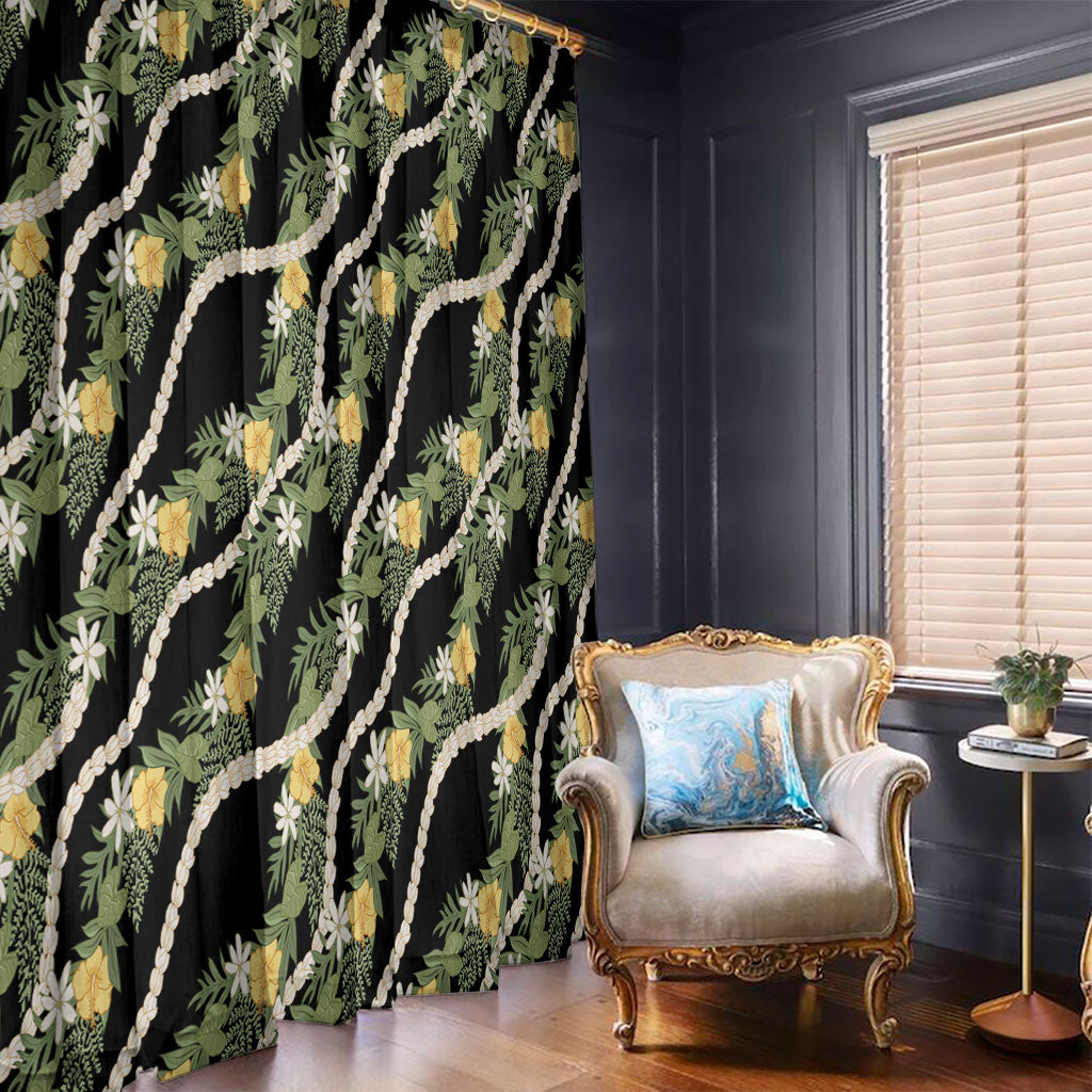 Hawaiian Pikake Maile Lei Window Curtain Tiare Hibiscus Kalo Palapalai Leaf Black