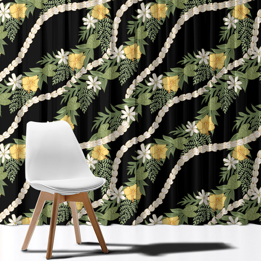 Hawaiian Pikake Maile Lei Window Curtain Tiare Hibiscus Kalo Palapalai Leaf Black