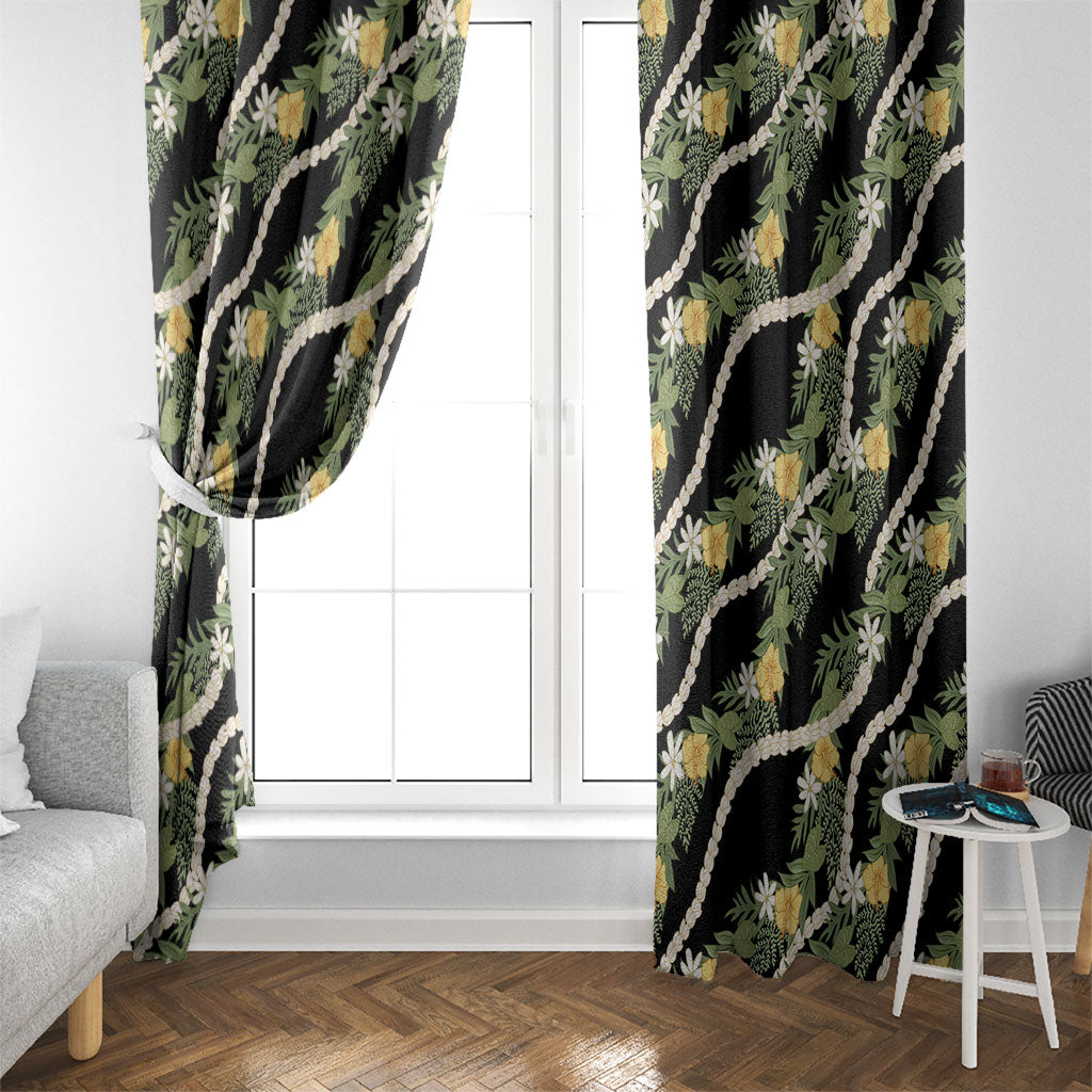 Hawaiian Pikake Maile Lei Window Curtain Tiare Hibiscus Kalo Palapalai Leaf Black