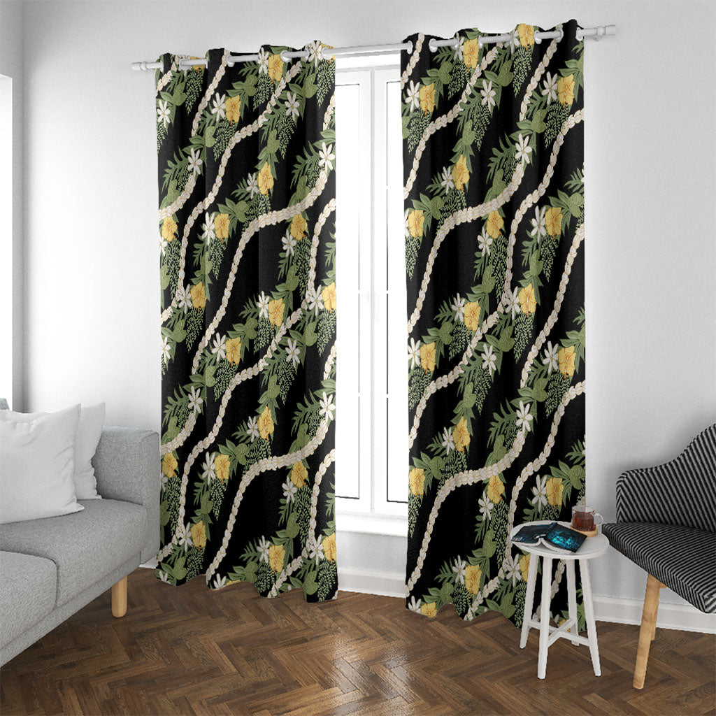 Hawaiian Pikake Maile Lei Window Curtain Tiare Hibiscus Kalo Palapalai Leaf Black