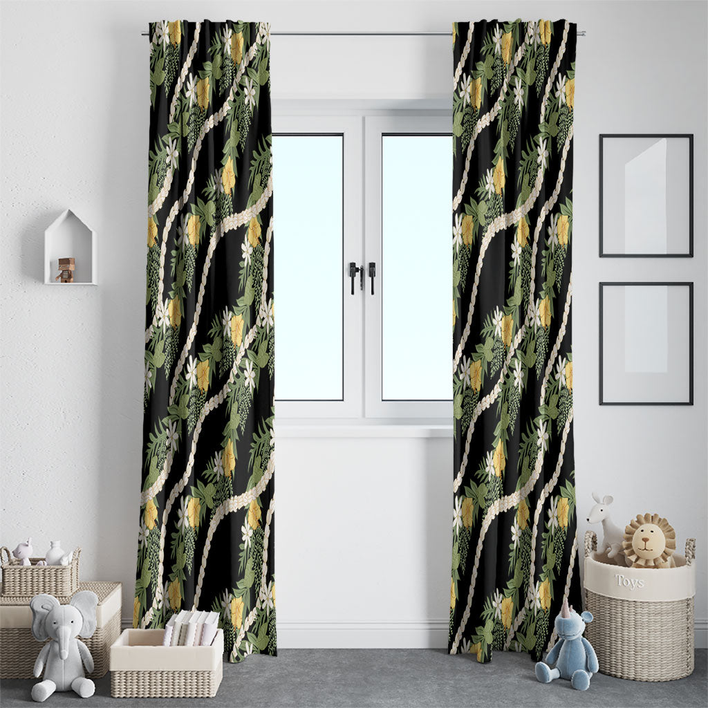 Hawaiian Pikake Maile Lei Window Curtain Tiare Hibiscus Kalo Palapalai Leaf Black