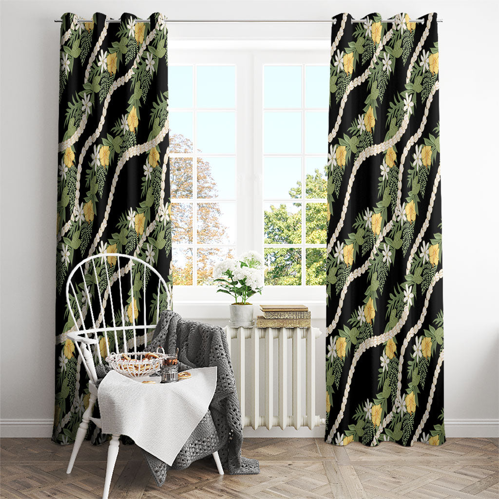 Hawaiian Pikake Maile Lei Window Curtain Tiare Hibiscus Kalo Palapalai Leaf Black