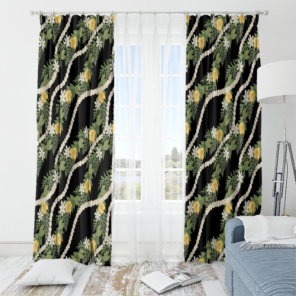 Hawaiian Pikake Maile Lei Window Curtain Tiare Hibiscus Kalo Palapalai Leaf Black