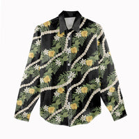 Hawaiian Pikake Maile Lei Women Casual Shirt Tiare Hibiscus Kalo Palapalai Leaf Black