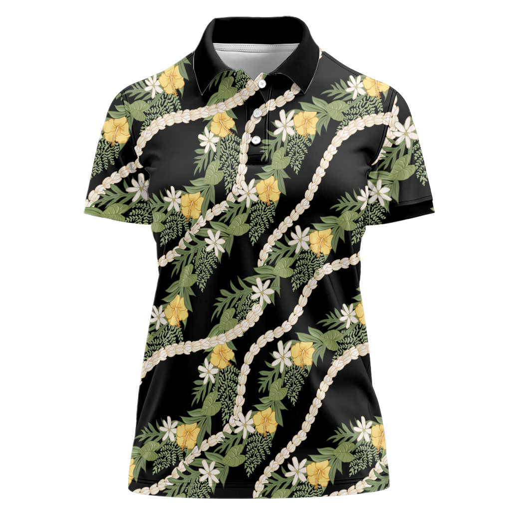 Hawaiian Pikake Maile Lei Women Polo Shirt Tiare Hibiscus Kalo Palapalai Leaf Black