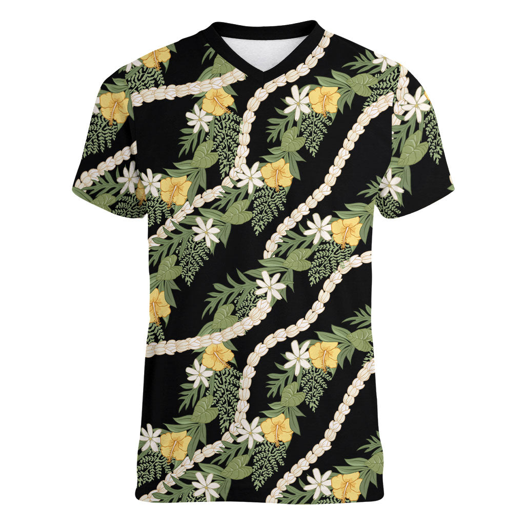 Hawaiian Pikake Maile Lei Women V-Neck T-Shirt Tiare Hibiscus Kalo Palapalai Leaf Black LT19 Female Black - Polynesian Pride