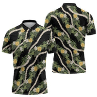 Hawaiian Pikake Maile Lei Zipper Polo Shirt Tiare Hibiscus Kalo Palapalai Leaf Black
