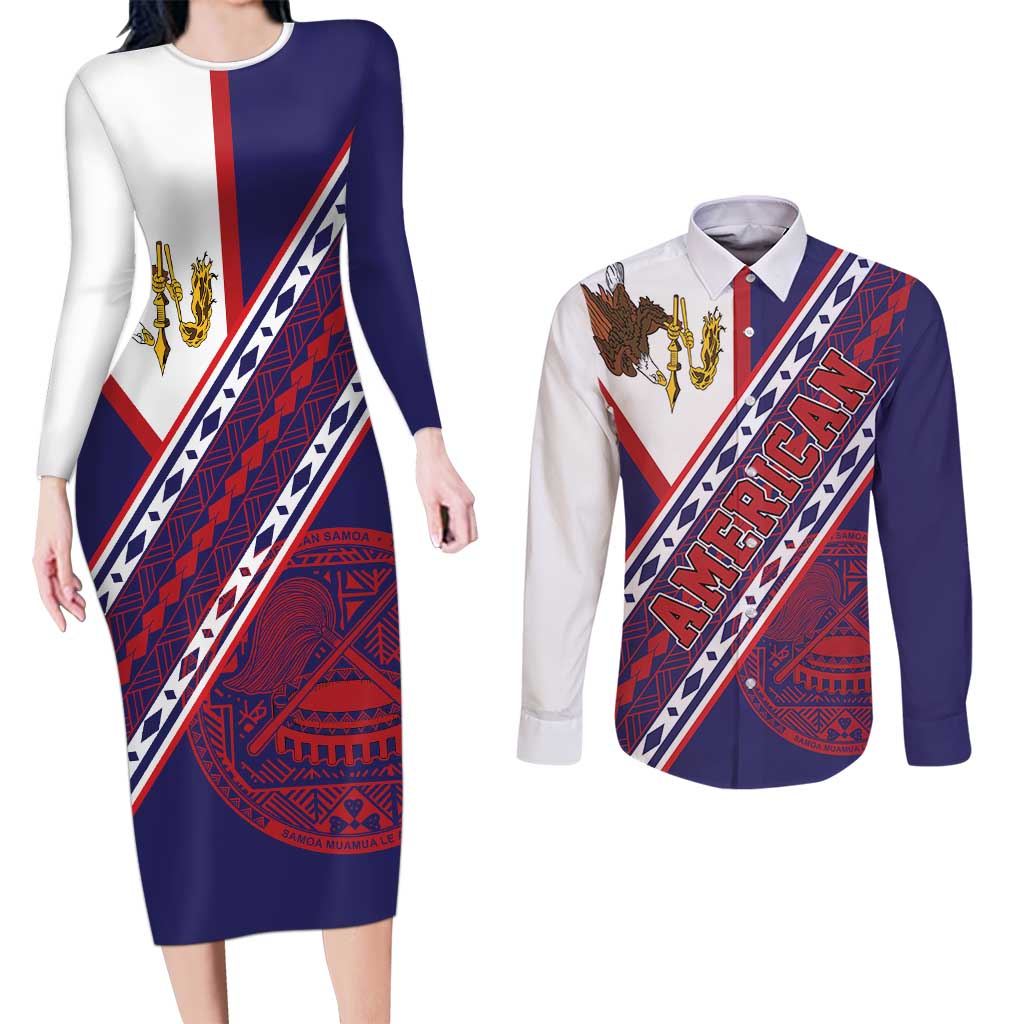 American Samoa Flag Day Couples Matching Long Sleeve Bodycon Dress and Long Sleeve Button Shirt Polynesian Tribal Tattoo Eagle Art LT19 Navy - Polynesian Pride