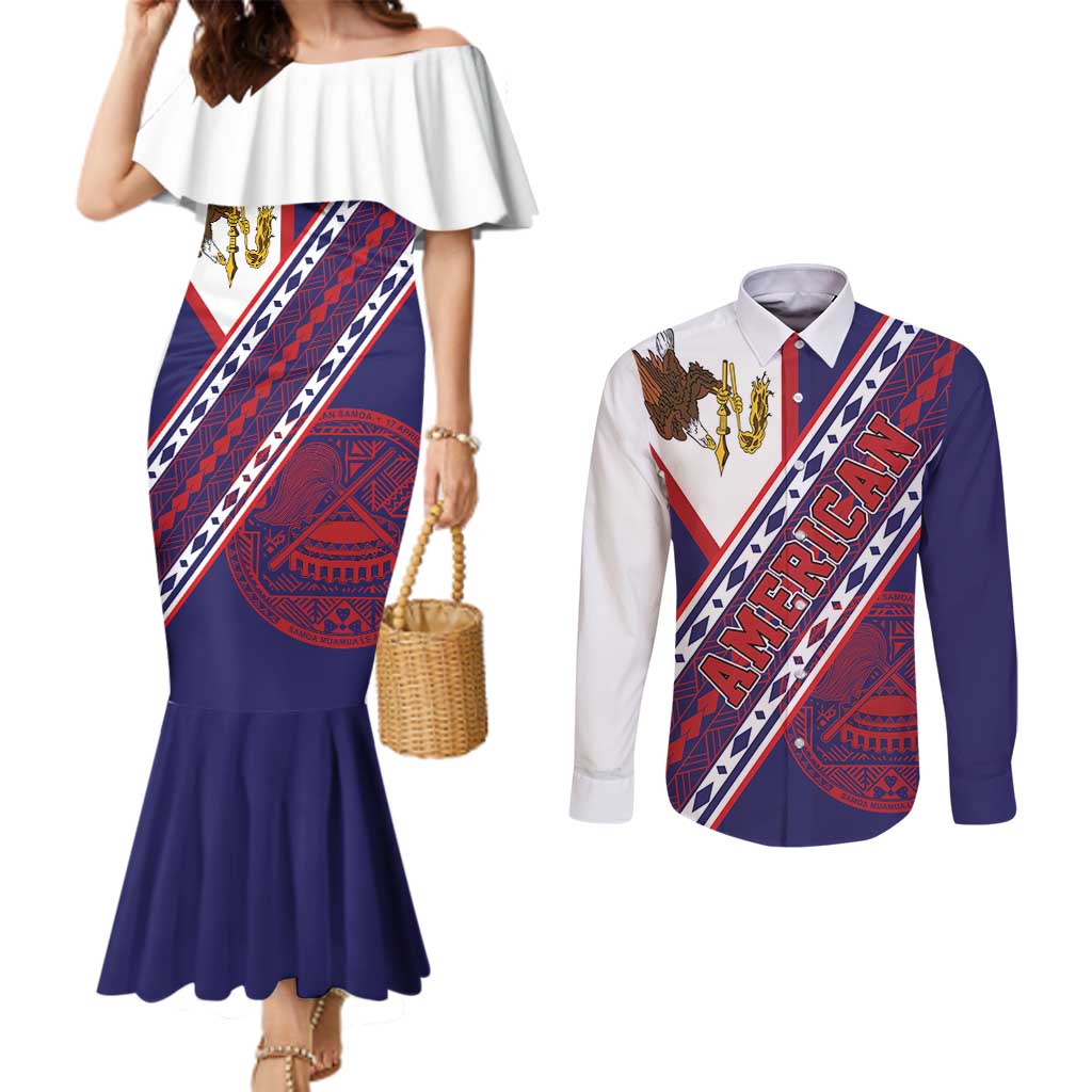 American Samoa Flag Day Couples Matching Mermaid Dress and Long Sleeve Button Shirt Polynesian Tribal Tattoo Eagle Art LT19 Navy - Polynesian Pride