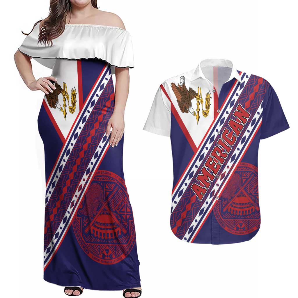American Samoa Flag Day Couples Matching Off Shoulder Maxi Dress and Hawaiian Shirt Polynesian Tribal Tattoo Eagle Art LT19 Navy - Polynesian Pride