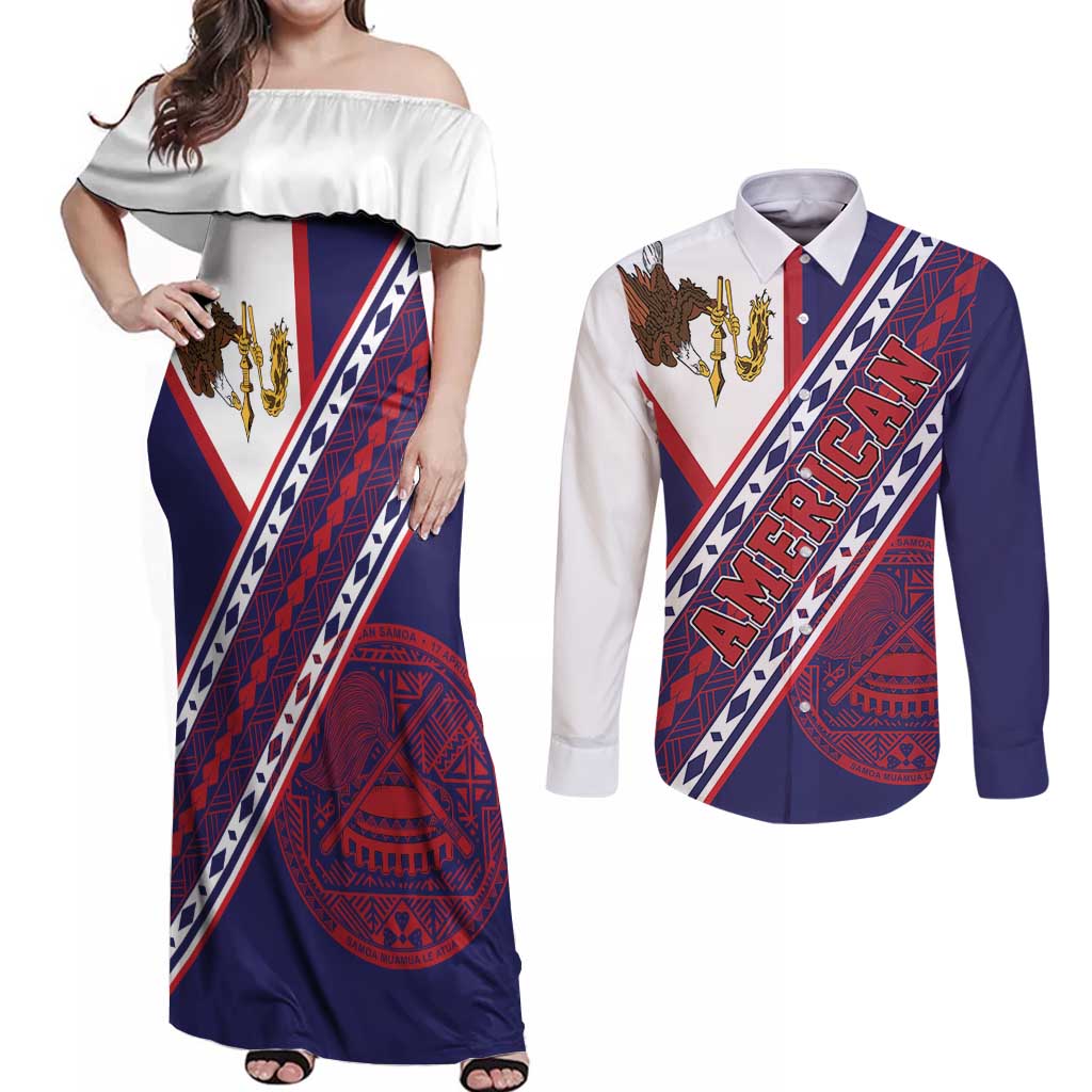 American Samoa Flag Day Couples Matching Off Shoulder Maxi Dress and Long Sleeve Button Shirt Polynesian Tribal Tattoo Eagle Art