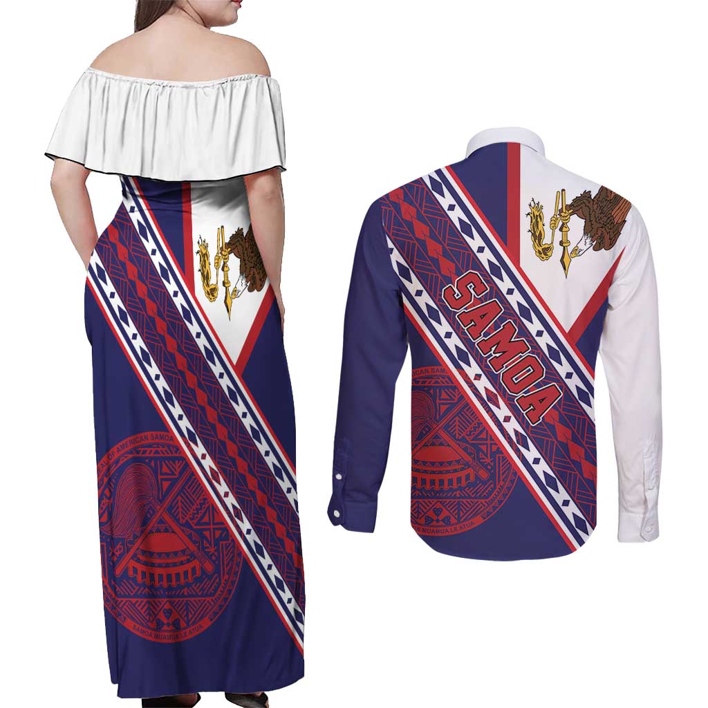 American Samoa Flag Day Couples Matching Off Shoulder Maxi Dress and Long Sleeve Button Shirt Polynesian Tribal Tattoo Eagle Art