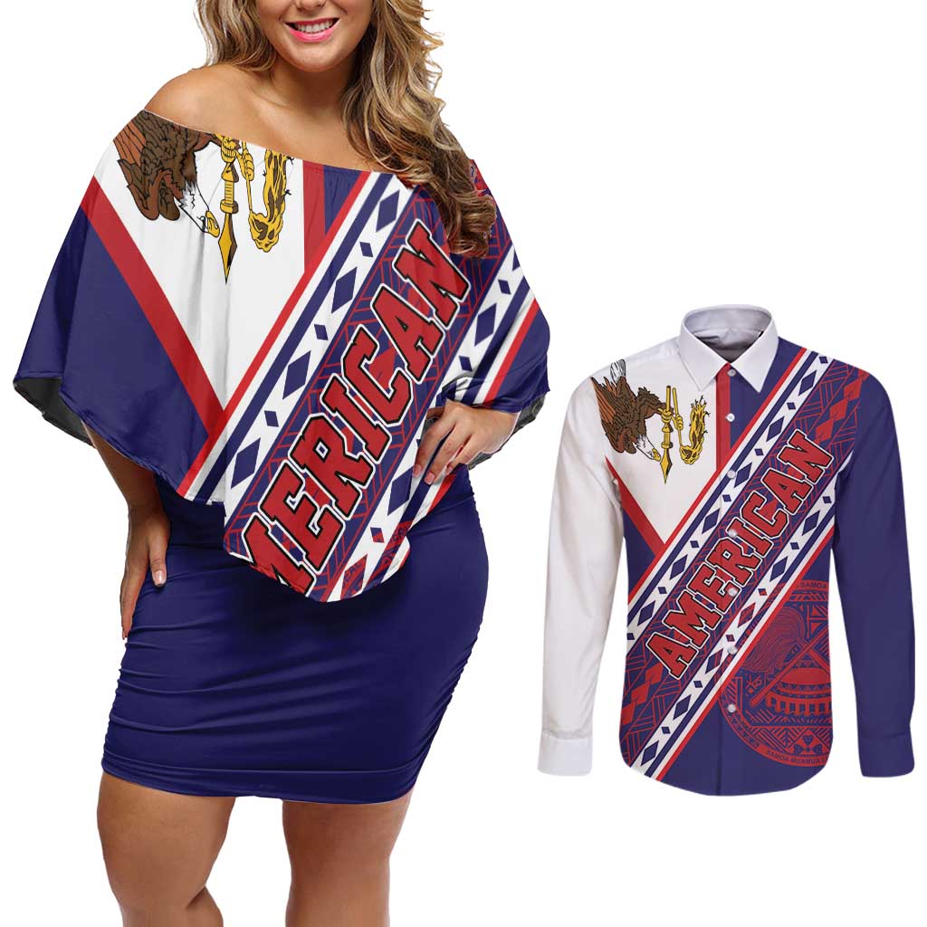 American Samoa Flag Day Couples Matching Off Shoulder Short Dress and Long Sleeve Button Shirt Polynesian Tribal Tattoo Eagle Art LT19 Navy - Polynesian Pride