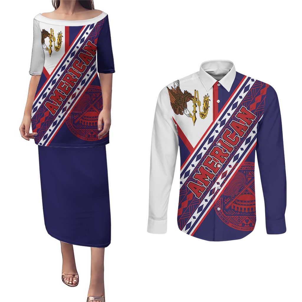 American Samoa Flag Day Couples Matching Puletasi and Long Sleeve Button Shirt Polynesian Tribal Tattoo Eagle Art LT19 Navy - Polynesian Pride