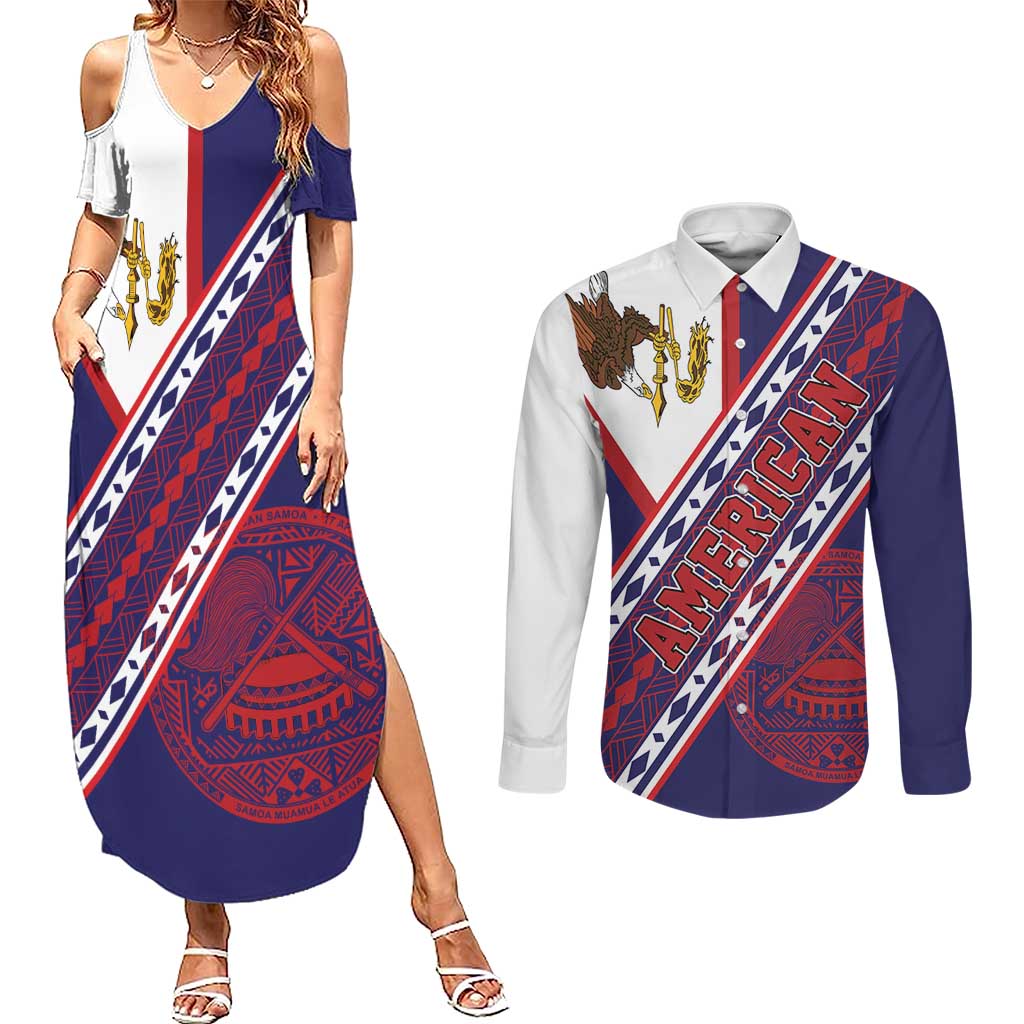 American Samoa Flag Day Couples Matching Summer Maxi Dress and Long Sleeve Button Shirt Polynesian Tribal Tattoo Eagle Art LT19 Navy - Polynesian Pride