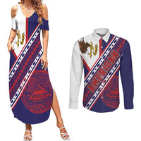 American Samoa Flag Day Couples Matching Summer Maxi Dress and Long Sleeve Button Shirt Polynesian Tribal Tattoo Eagle Art LT19 Navy - Polynesian Pride