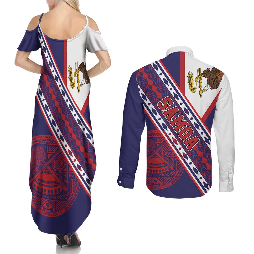 American Samoa Flag Day Couples Matching Summer Maxi Dress and Long Sleeve Button Shirt Polynesian Tribal Tattoo Eagle Art LT19 - Polynesian Pride