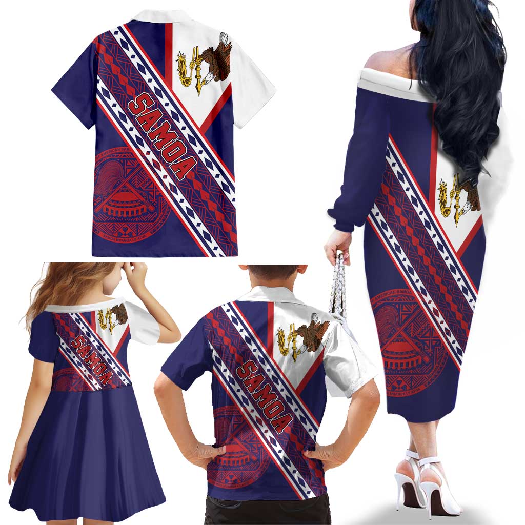American Samoa Flag Day Family Matching Off The Shoulder Long Sleeve Dress and Hawaiian Shirt Polynesian Tribal Tattoo Eagle Art