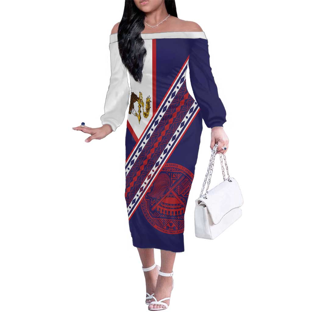 American Samoa Flag Day Family Matching Off The Shoulder Long Sleeve Dress and Hawaiian Shirt Polynesian Tribal Tattoo Eagle Art