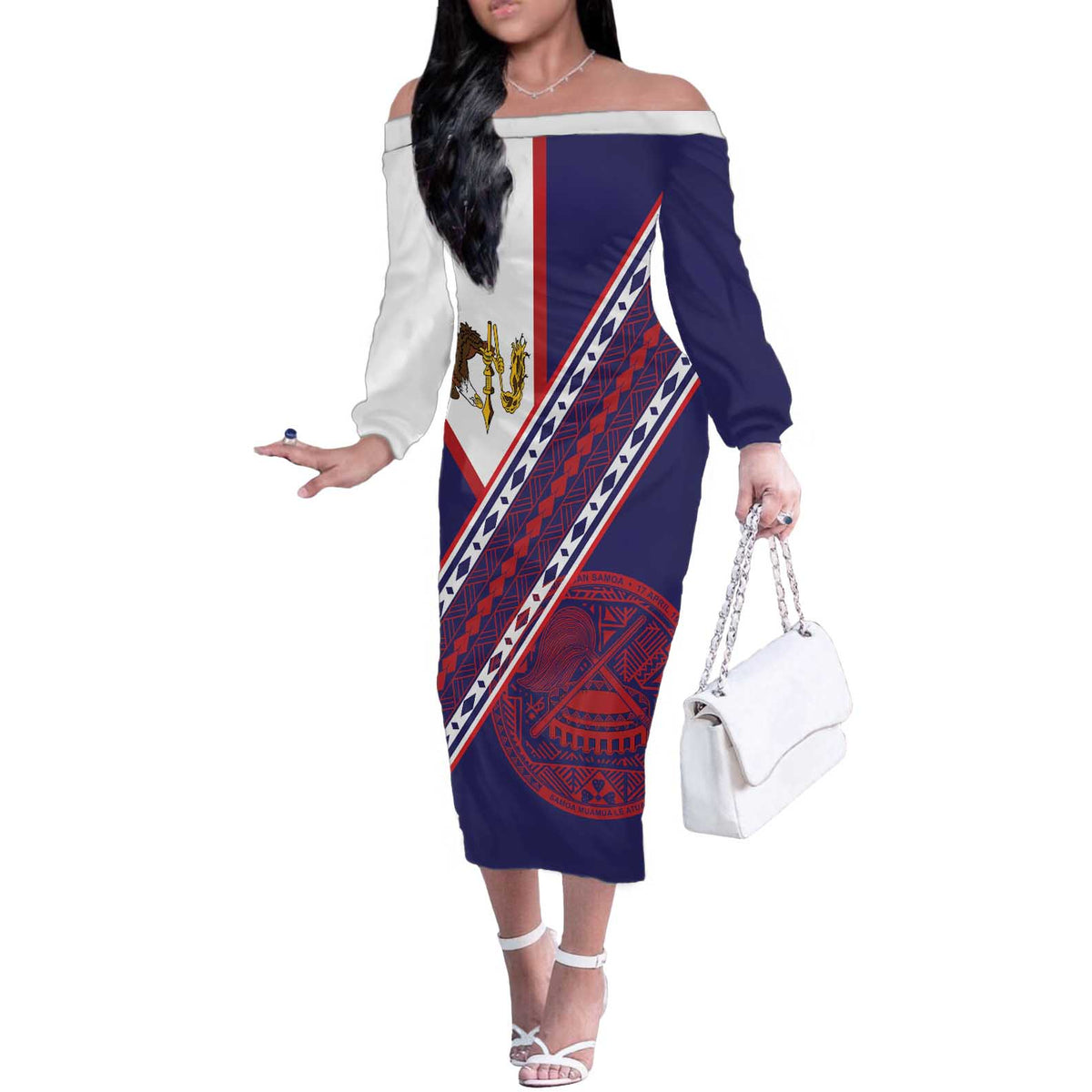 American Samoa Flag Day Off The Shoulder Long Sleeve Dress Polynesian Tribal Tattoo Eagle Art LT19 Women Navy - Polynesian Pride