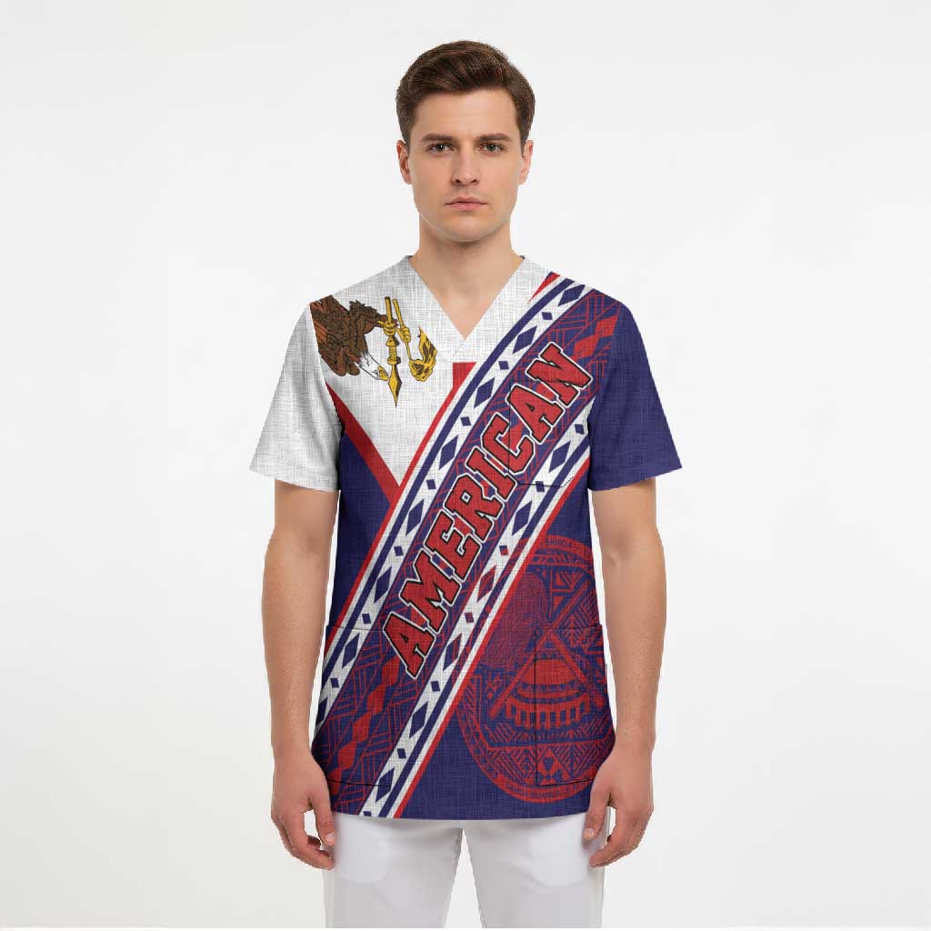 American Samoa Flag Day Scrub Top Polynesian Tribal Tattoo Eagle Art LT19 - Polynesian Pride