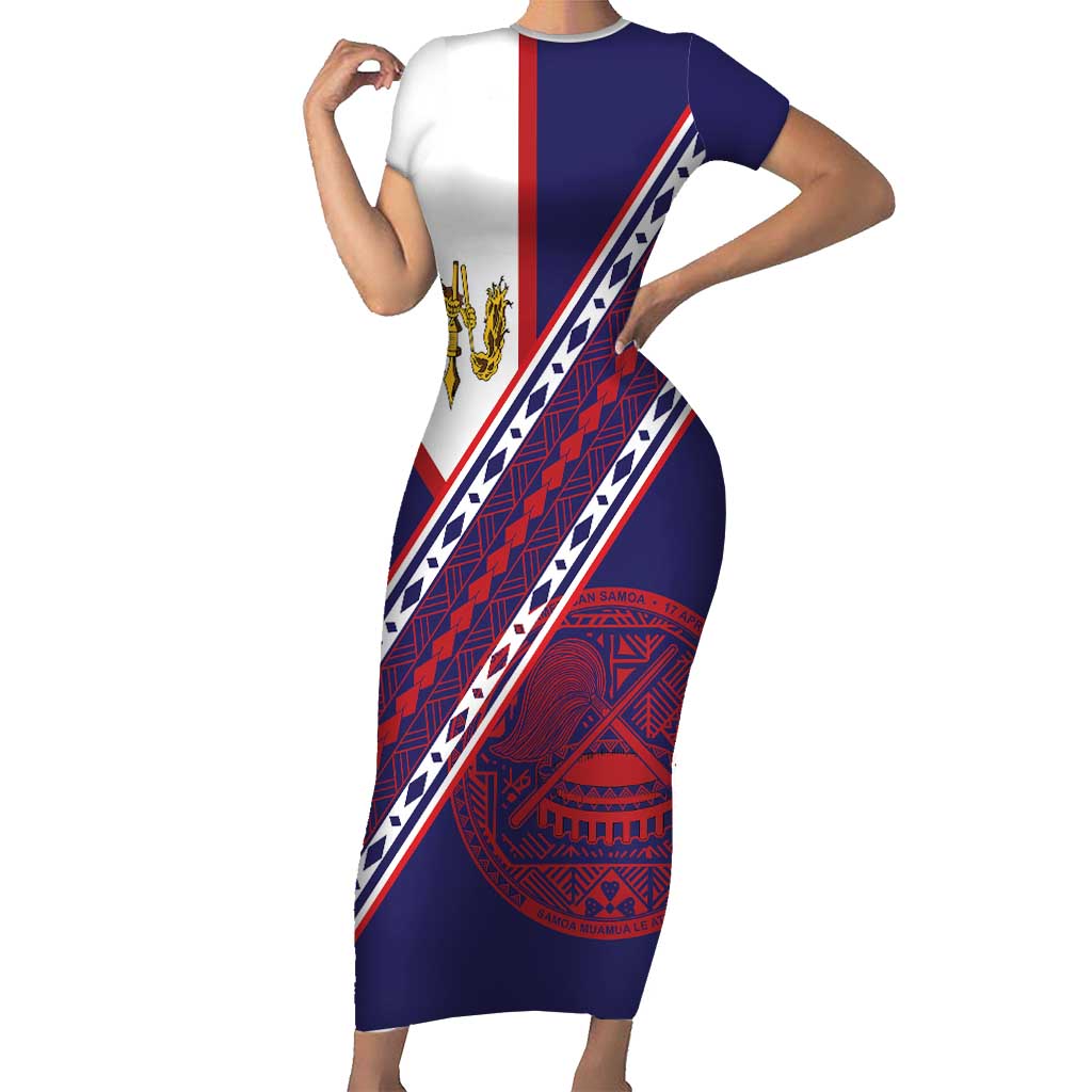 American Samoa Flag Day Short Sleeve Bodycon Dress Polynesian Tribal Tattoo Eagle Art LT19 Long Dress Navy - Polynesian Pride