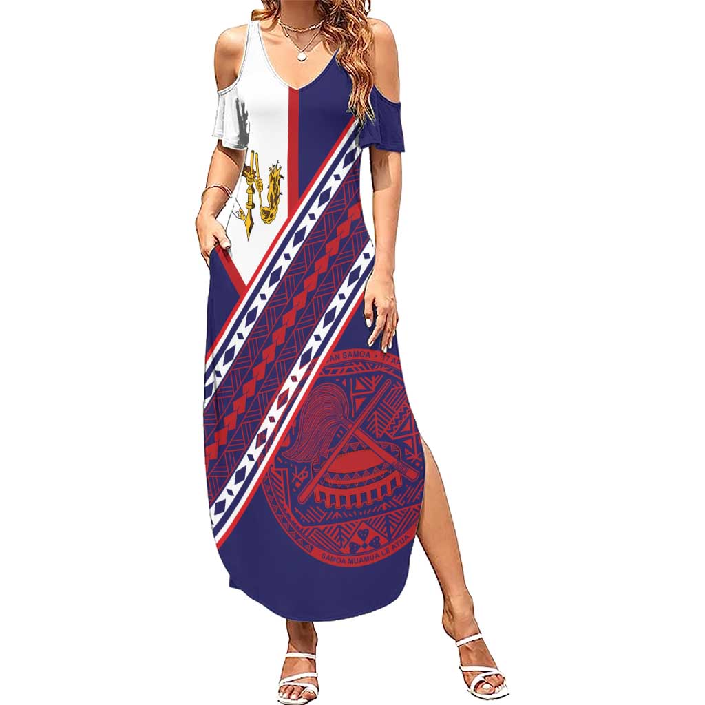 American Samoa Flag Day Summer Maxi Dress Polynesian Tribal Tattoo Eagle Art LT19 Women Navy - Polynesian Pride