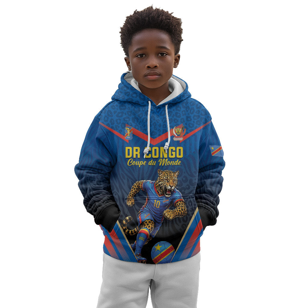 Custom World Football 2026 DR Congo Kid Hoodie Les Leopards Coupe du Monde Glory LT19 Hoodie Blue - Polynesian Pride