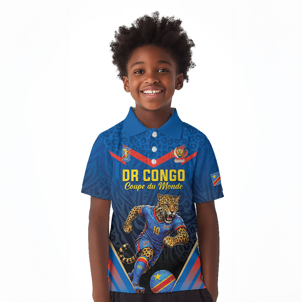 Custom World Football 2026 DR Congo Kid Polo Shirt Les Leopards Coupe du Monde Glory LT19 Kid Blue - Polynesian Pride