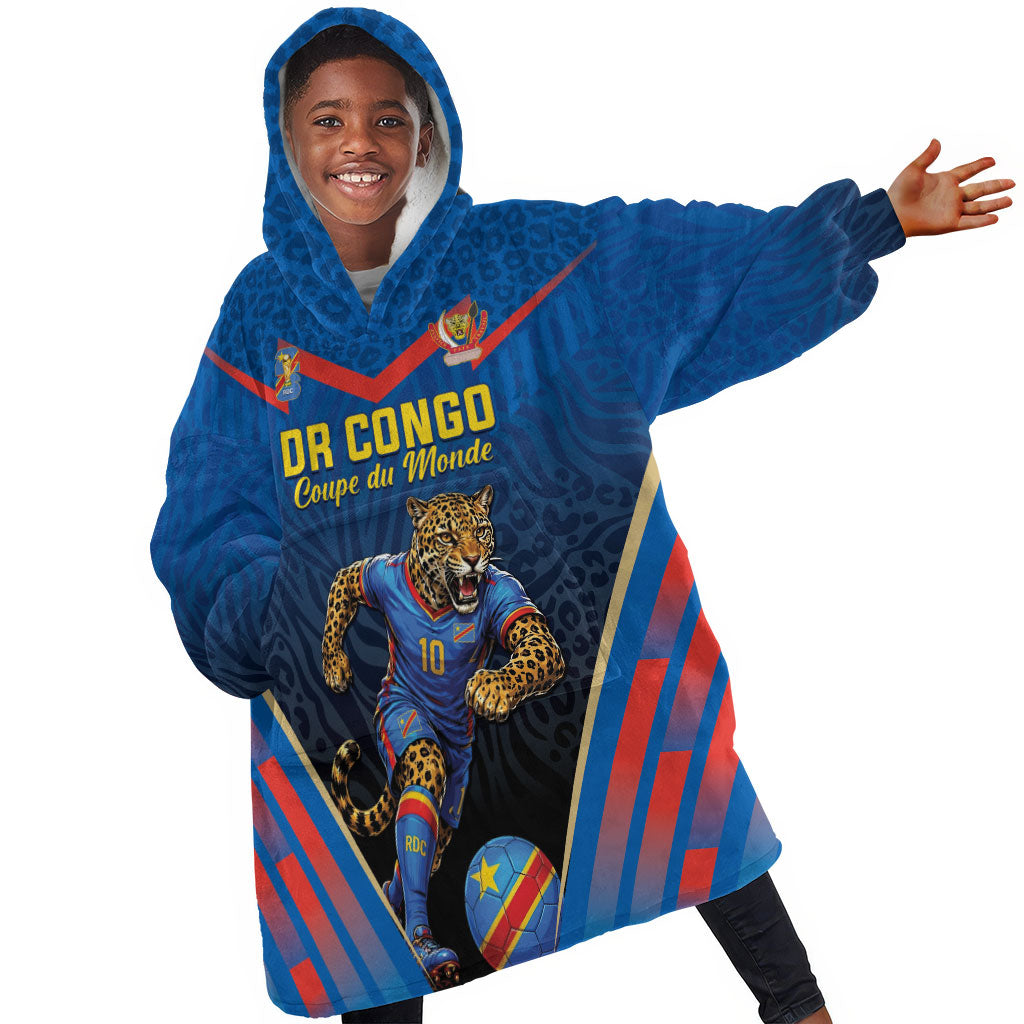 Custom World Football 2026 DR Congo Kid Wearable Blanket Hoodie Les Leopards Coupe du Monde Glory LT19 Kid One Size Blue - Polynesian Pride