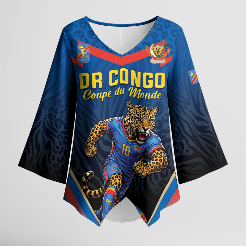 Custom World Football 2026 DR Congo Kimono Sleeve Blouse Les Leopards Coupe du Monde Glory LT19 Female Blue - Polynesian Pride