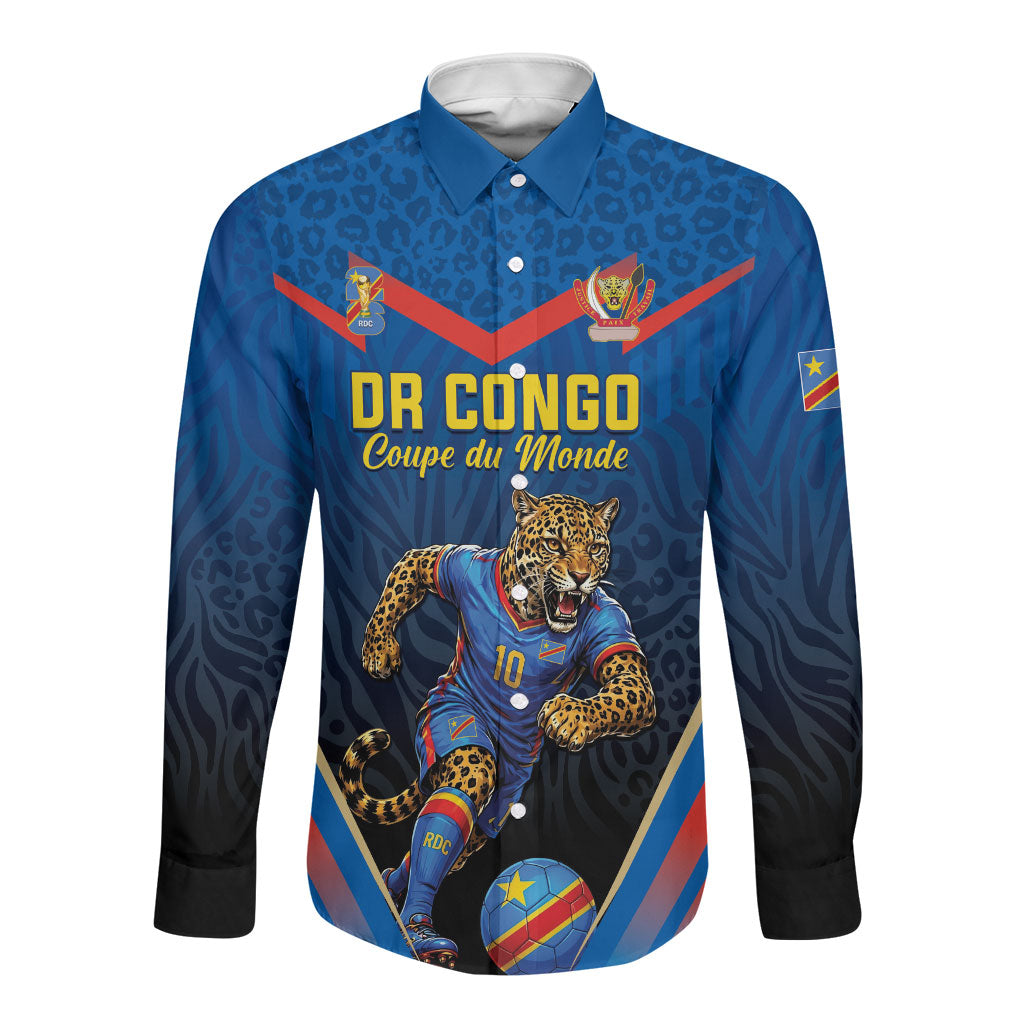 Custom World Football 2026 DR Congo Long Sleeve Button Shirt Les Leopards Coupe du Monde Glory LT19 Unisex Blue - Polynesian Pride