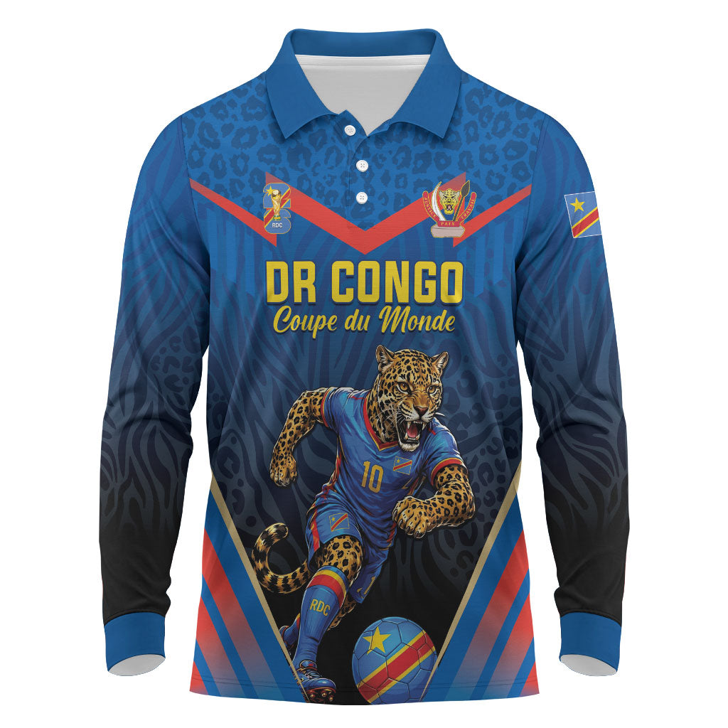 Custom World Football 2026 DR Congo Long Sleeve Polo Shirt Les Leopards Coupe du Monde Glory LT19 Blue - Polynesian Pride