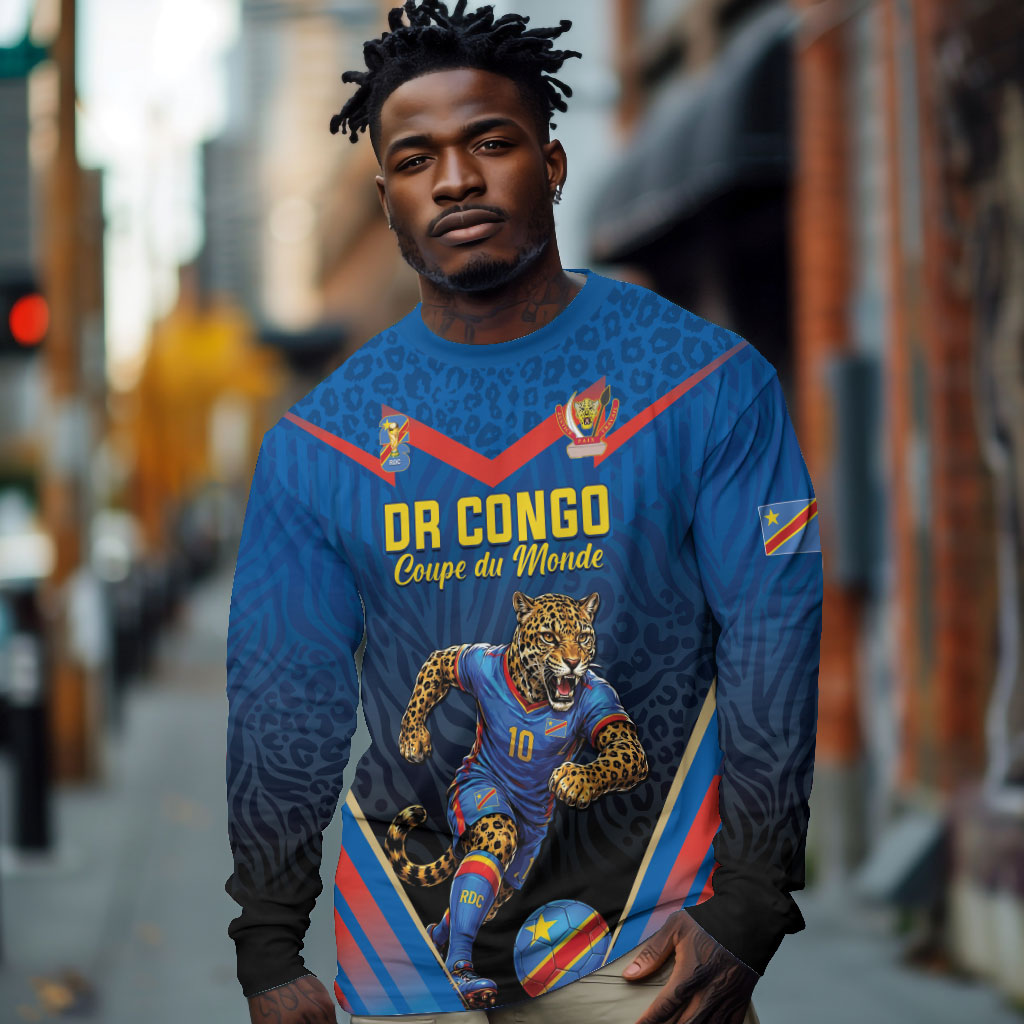Custom World Football 2026 DR Congo Long Sleeve Shirt Les Leopards Coupe du Monde Glory LT19 Unisex Blue - Polynesian Pride