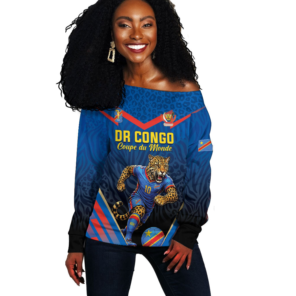 Custom World Football 2026 DR Congo Off Shoulder Sweater Les Leopards Coupe du Monde Glory LT19 Women Blue - Polynesian Pride