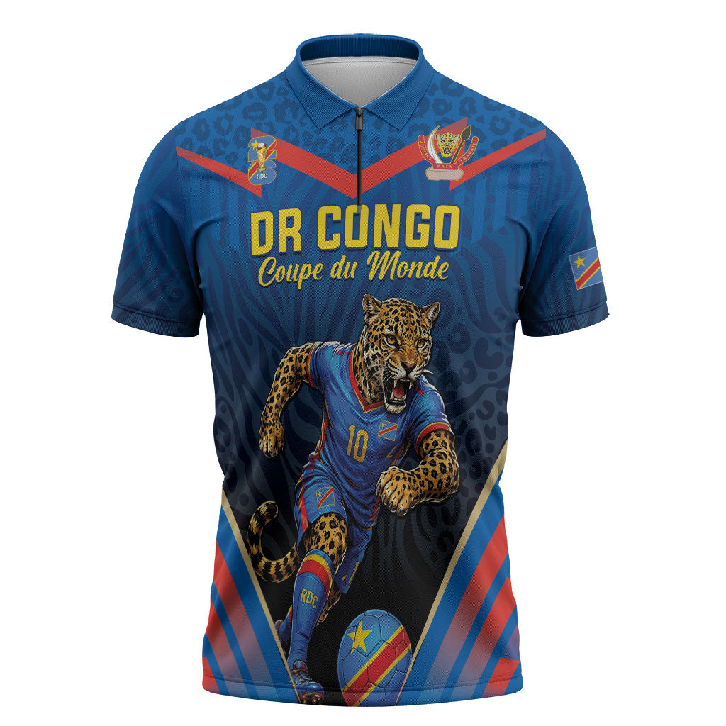 Custom World Football 2026 DR Congo Zipper Polo Shirt Les Leopards Coupe du Monde Glory LT19 Blue - Polynesian Pride
