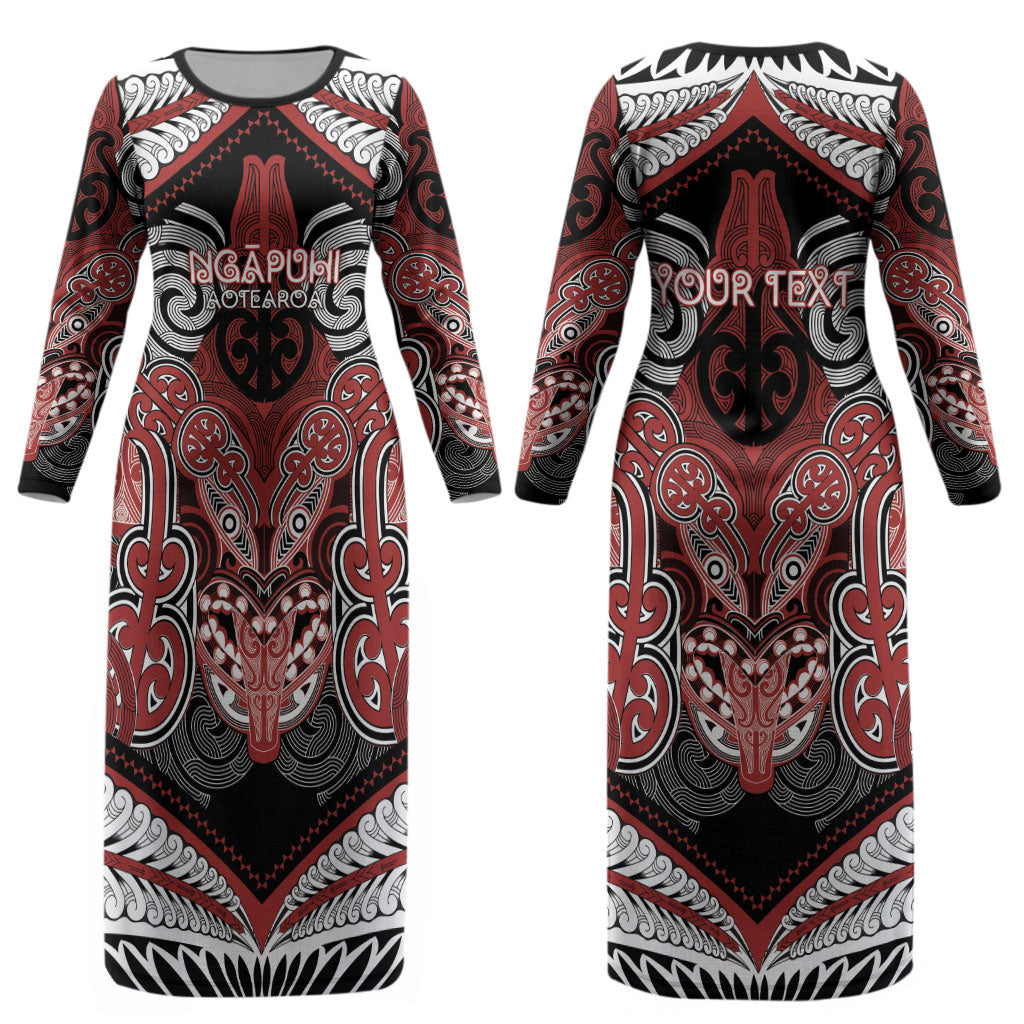 Aotearoa Iwi Ngapuhi Personalised Couples Matching Long Sleeve Bodycon Dress and Long Sleeve Button Shirt Maori Kowhaiwhai Pattern