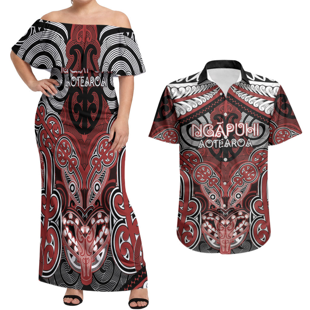 Aotearoa Iwi Ngapuhi Personalised Couples Matching Off Shoulder Maxi Dress and Hawaiian Shirt Maori Kowhaiwhai Pattern