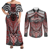 Aotearoa Iwi Ngapuhi Personalised Couples Matching Off Shoulder Maxi Dress and Long Sleeve Button Shirt Maori Kowhaiwhai Pattern