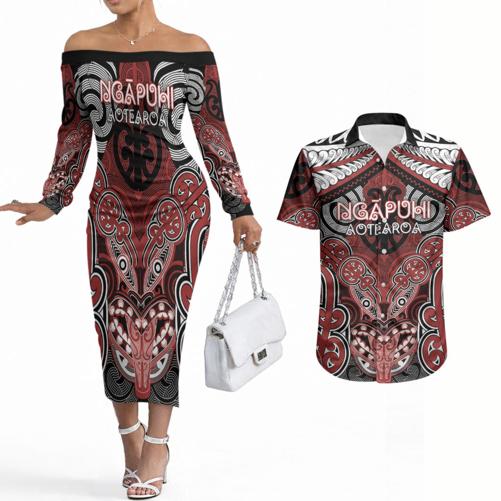 Aotearoa Iwi Ngapuhi Personalised Couples Matching Off The Shoulder Long Sleeve Dress and Hawaiian Shirt Maori Kowhaiwhai Pattern