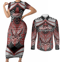 Aotearoa Iwi Ngapuhi Personalised Couples Matching Short Sleeve Bodycon Dress and Long Sleeve Button Shirt Maori Kowhaiwhai Pattern