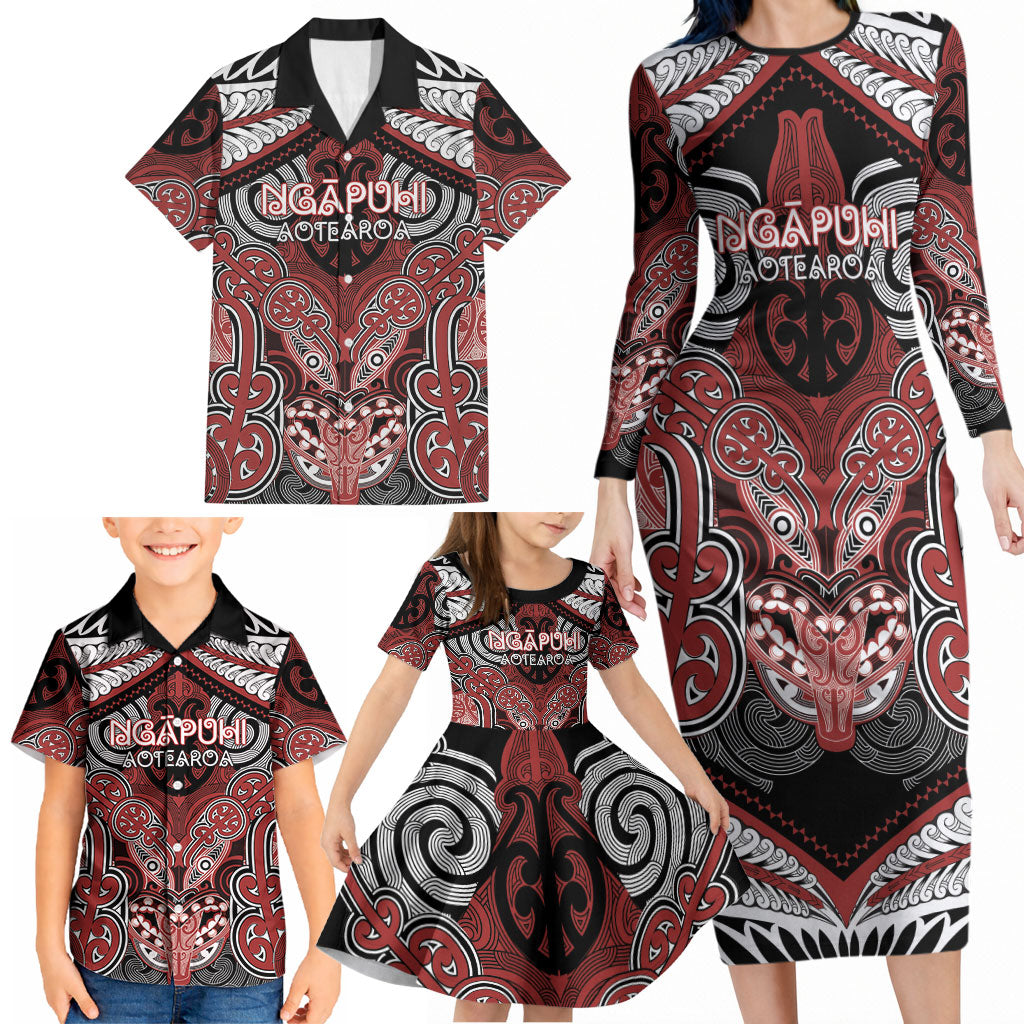 Aotearoa Iwi Ngapuhi Personalised Family Matching Long Sleeve Bodycon Dress and Hawaiian Shirt Maori Kowhaiwhai Pattern