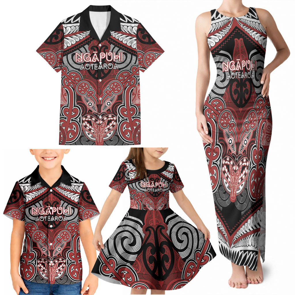 Aotearoa Iwi Ngapuhi Personalised Family Matching Tank Maxi Dress and Hawaiian Shirt Maori Kowhaiwhai Pattern