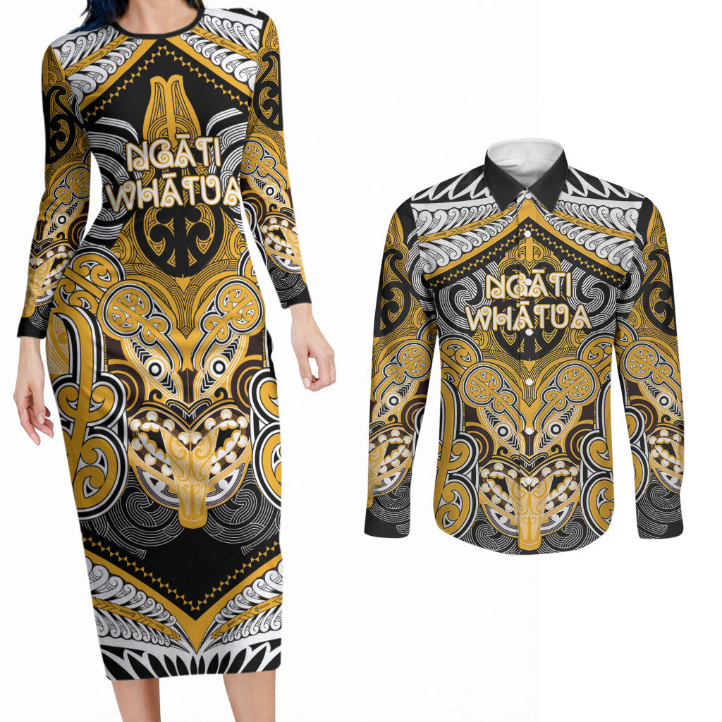 Aotearoa Iwi Ngati Whatua Personalised Couples Matching Long Sleeve Bodycon Dress and Long Sleeve Button Shirt Maori Kowhaiwhai Pattern