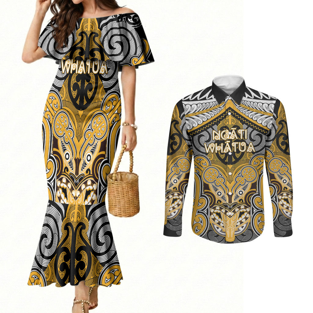 Aotearoa Iwi Ngati Whatua Personalised Couples Matching Mermaid Dress and Long Sleeve Button Shirt Maori Kowhaiwhai Pattern