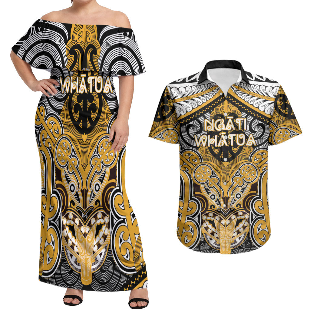 Aotearoa Iwi Ngati Whatua Personalised Couples Matching Off Shoulder Maxi Dress and Hawaiian Shirt Maori Kowhaiwhai Pattern