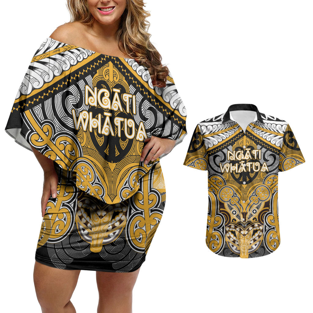 Aotearoa Iwi Ngati Whatua Personalised Couples Matching Off Shoulder Short Dress and Hawaiian Shirt Maori Kowhaiwhai Pattern