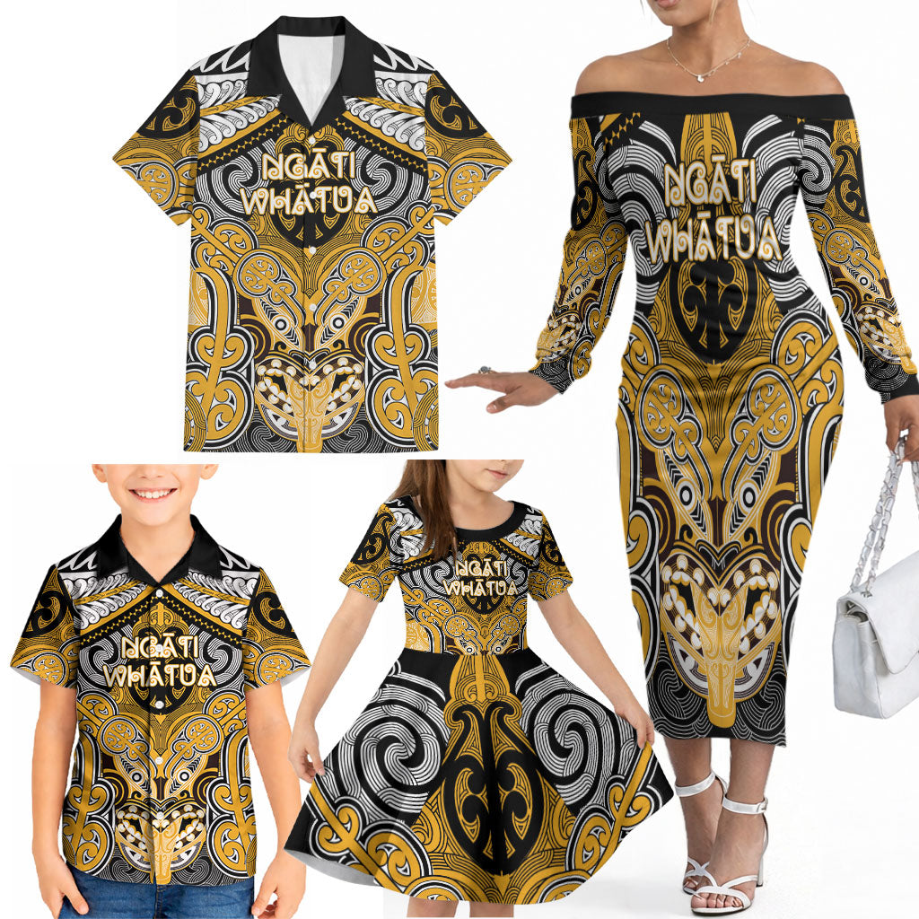 Aotearoa Iwi Ngati Whatua Personalised Family Matching Off The Shoulder Long Sleeve Dress and Hawaiian Shirt Maori Kowhaiwhai Pattern
