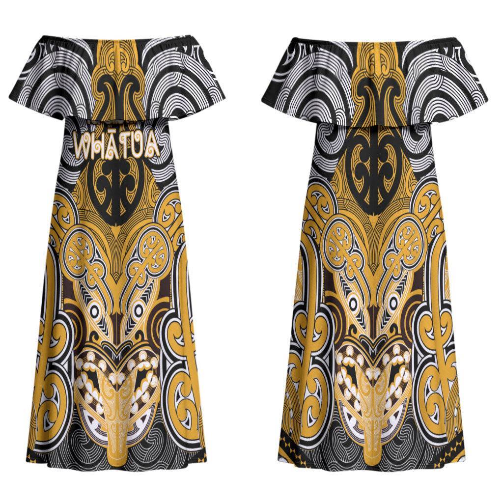 Aotearoa Iwi Ngati Whatua Personalised Family Matching Off Shoulder Maxi Dress and Hawaiian Shirt Maori Kowhaiwhai Pattern
