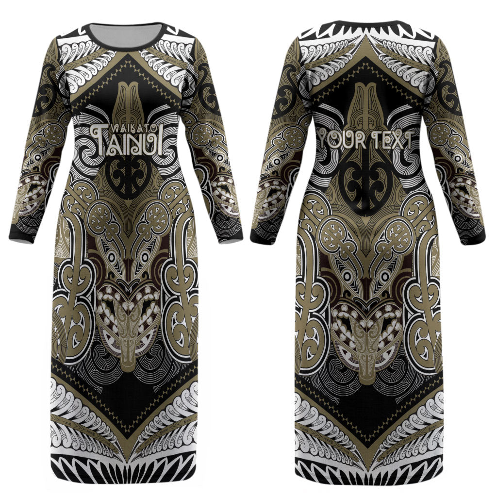 Aotearoa Iwi Waikato Tainui Personalised Couples Matching Long Sleeve Bodycon Dress and Hawaiian Shirt Maori Kowhaiwhai Pattern